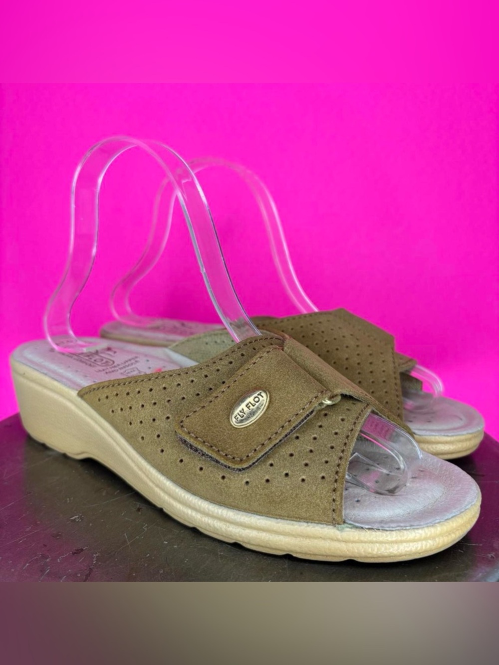 Fly Flot Silvia Tan Suede Slip-On Open Toe Wedge Heel Sandal EU 39